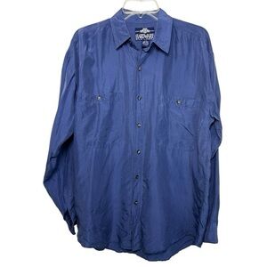 Vintage 80s 90s Silk Button Down Shirt Size Medium Blue Relaxed Casual Summer